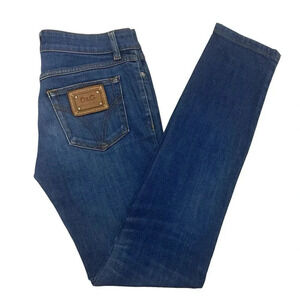 Dolce & Gabbana Women's Skinny Jeans - Dark Blue with Brown Patch